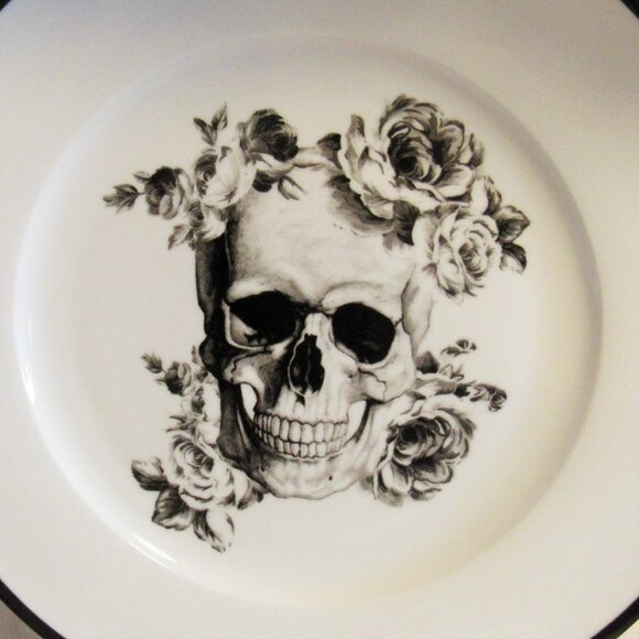Ciroa Wicked Floral Skull 11" Dinner Plate, Black and White, Vintage, J487 - Picture 2 of 5